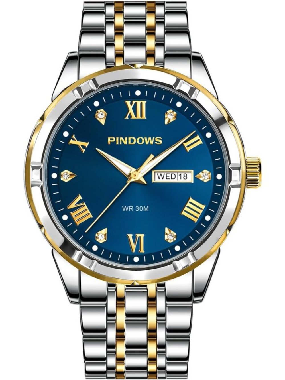 Men's Two Tone Blue Classic Quartz Watch Stainless Steel Diamond Dial Watch
